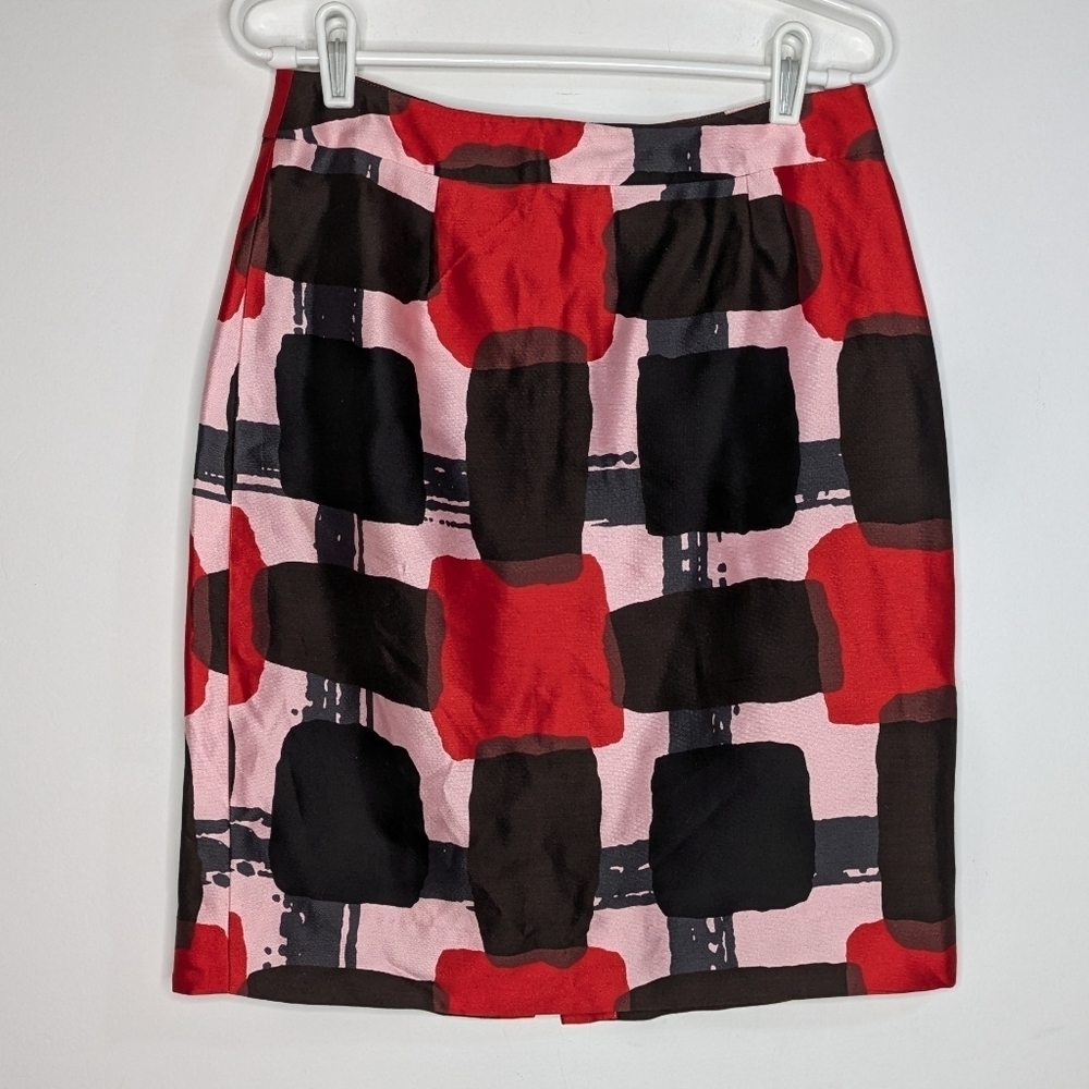Kate Spade Red Black Pink Geometric Cotton & Silk Pencil Skirt 6